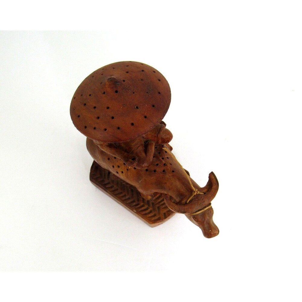 Vtg. Hand Carved Wooden Farmer Riding Water Buffalo Toothpick Holder T. Tinio - Picture 2 of 6
